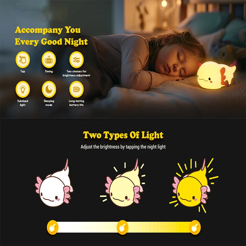 Cute Axolotl Silicone Night Light Touch Control USB Rechargeable Nursery Sleeping Table Lamp For Baby And Children