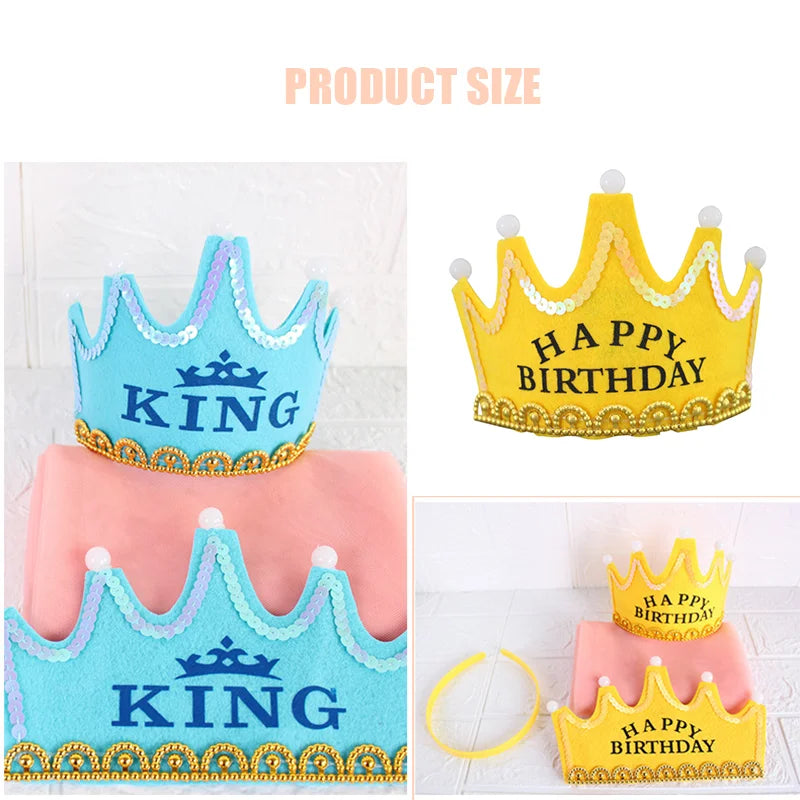 LED Happy Birthday Party Crown Hats Glow Headband King Princess Prince Baby Shower Boy Girl Kids Xmas Decorations Supplies Hats
