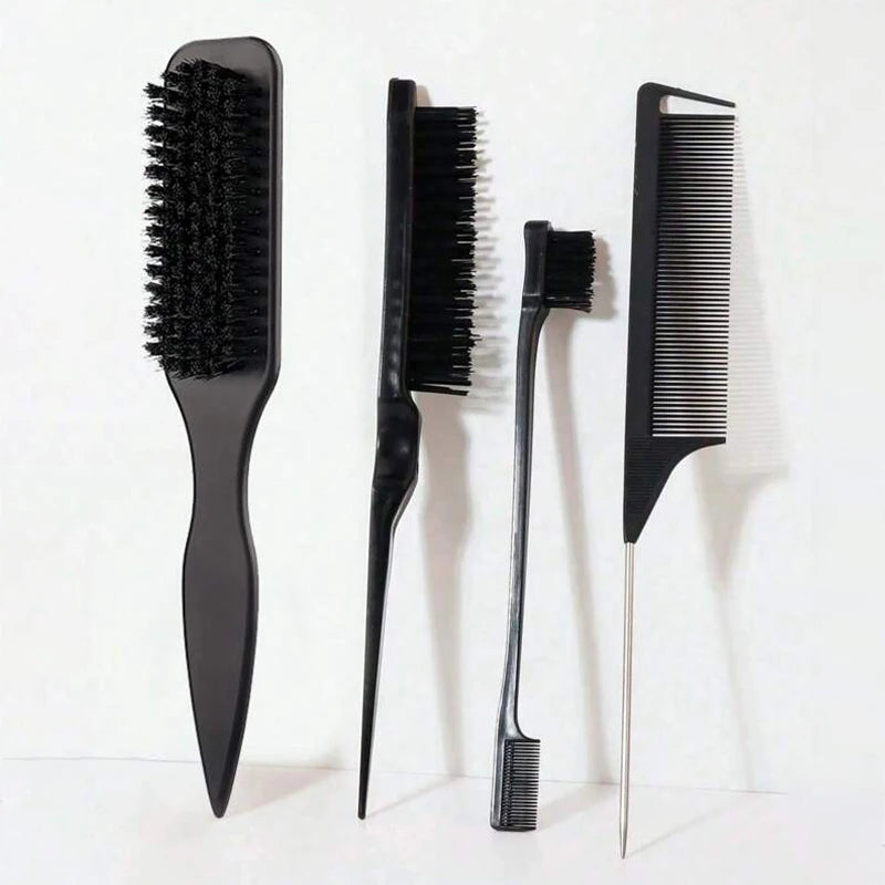 4Pc Boar Bristle Slick Back Hair Brush Set For Sleek Ponytail Bun Smoothing Baby Hairs,Flyaways,Edge Control Backcombing Teasing