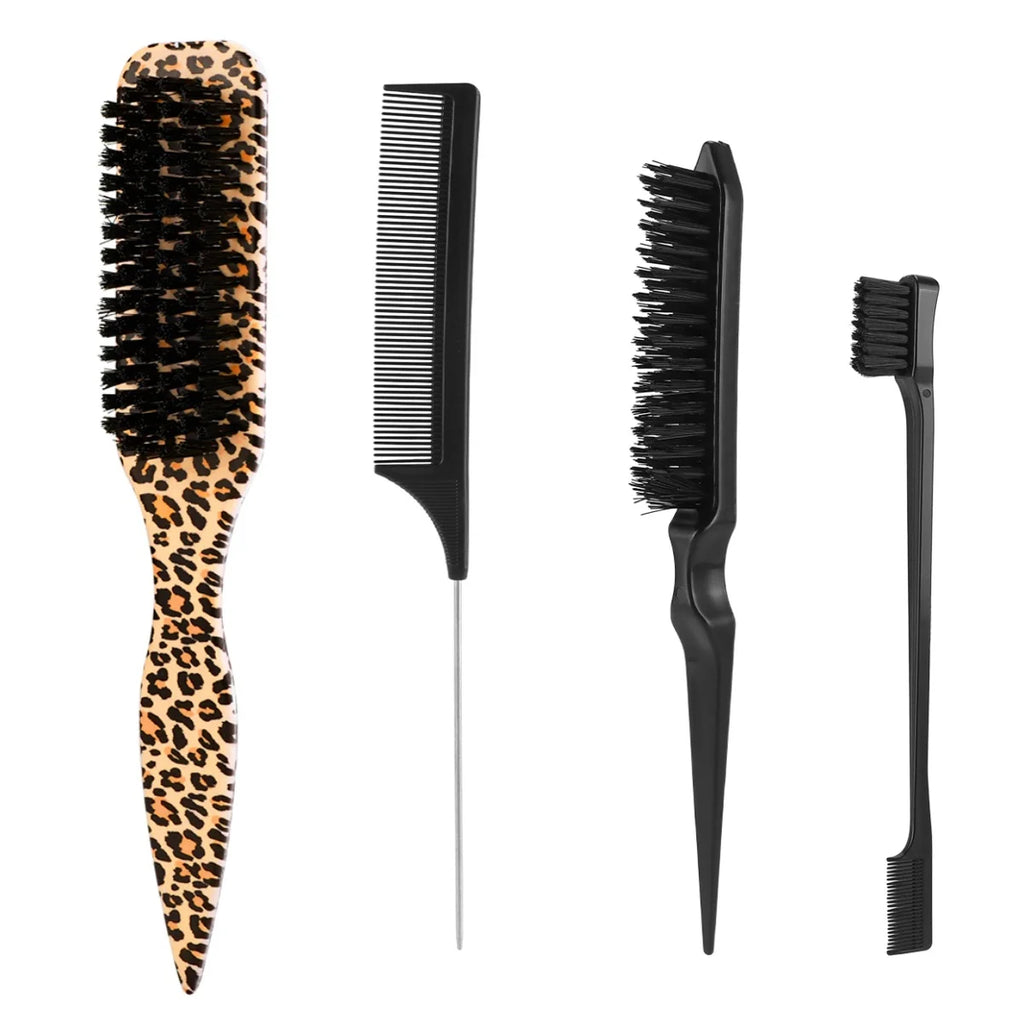 4Pc Boar Bristle Slick Back Hair Brush Set For Sleek Ponytail Bun Smoothing Baby Hairs,Flyaways,Edge Control Backcombing Teasing