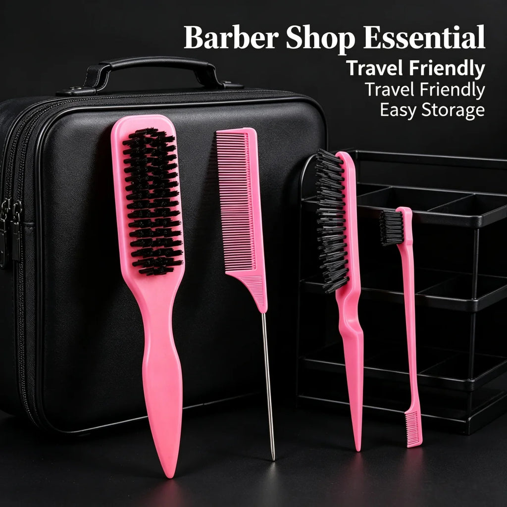4Pc Boar Bristle Slick Back Hair Brush Set For Sleek Ponytail Bun Smoothing Baby Hairs,Flyaways,Edge Control Backcombing Teasing