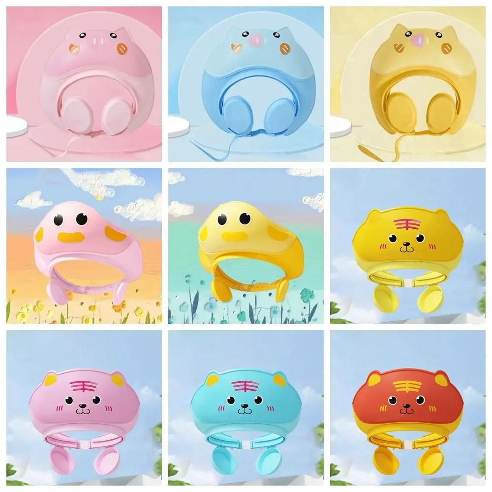 Cute Animal Shape Baby Shower Cap Adjustable Eye Ear Protection Baby Shampoo Cap Soft Waterproof Children's Bath Cap