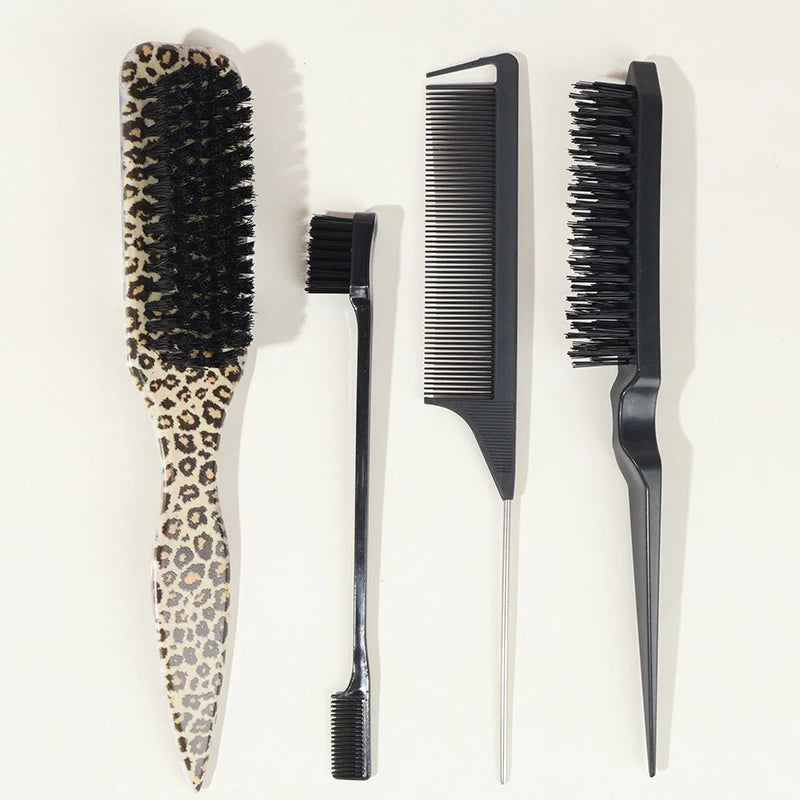 4Pc Boar Bristle Slick Back Hair Brush Set For Sleek Ponytail Bun Smoothing Baby Hairs,Flyaways,Edge Control Backcombing Teasing