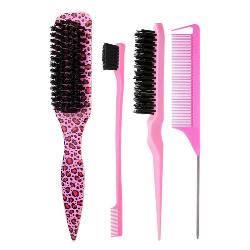 4Pc Boar Bristle Slick Back Hair Brush Set For Sleek Ponytail Bun Smoothing Baby Hairs,Flyaways,Edge Control Backcombing Teasing