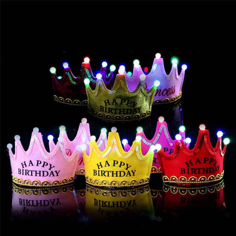 LED Happy Birthday Party Crown Hats Glow Headband King Princess Prince Baby Shower Boy Girl Kids Xmas Decorations Supplies Hats