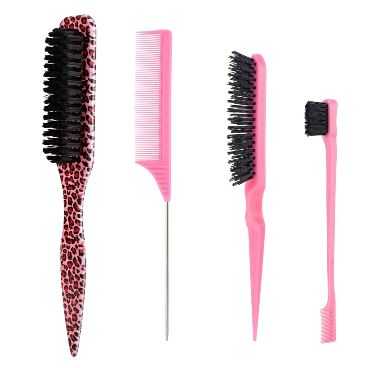 4Pc Boar Bristle Slick Back Hair Brush Set For Sleek Ponytail Bun Smoothing Baby Hairs,Flyaways,Edge Control Backcombing Teasing